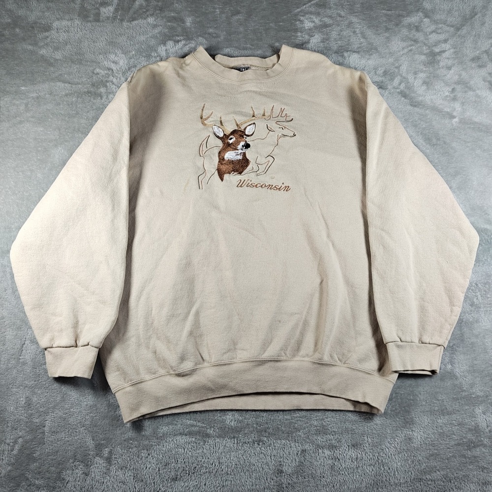 Vintage Wisconsin Deer Sweatshirt Mens XXLarge Brown Embroidered Made In USA 90s